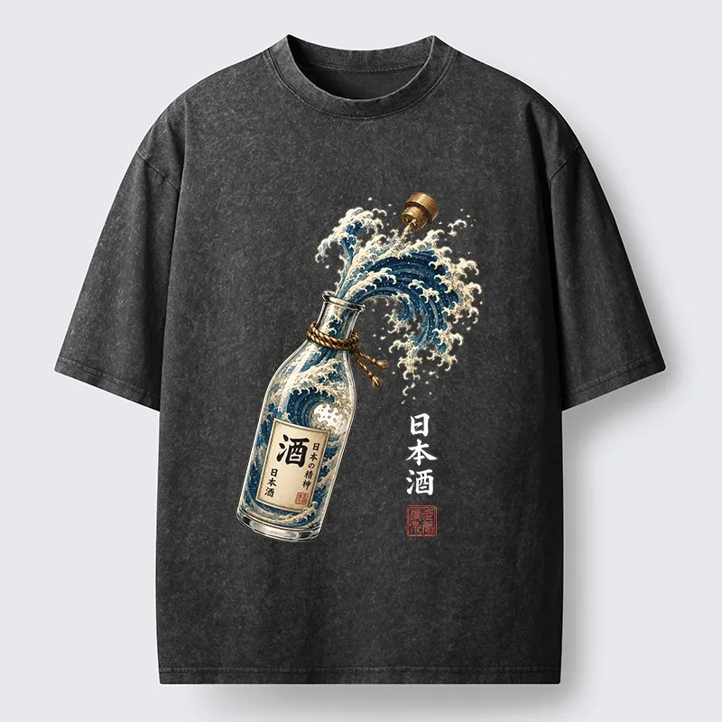Tokyo-Tiger Ocean Wave Poured From A Sake Bottle Washed T-Shirt