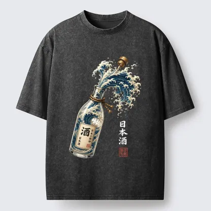 Tokyo-Tiger Ocean Wave Poured From A Sake Bottle Washed T-Shirt