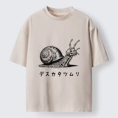Tokyo-Tiger Creepy Skeleton Snail Inked Style Washed T-Shirt