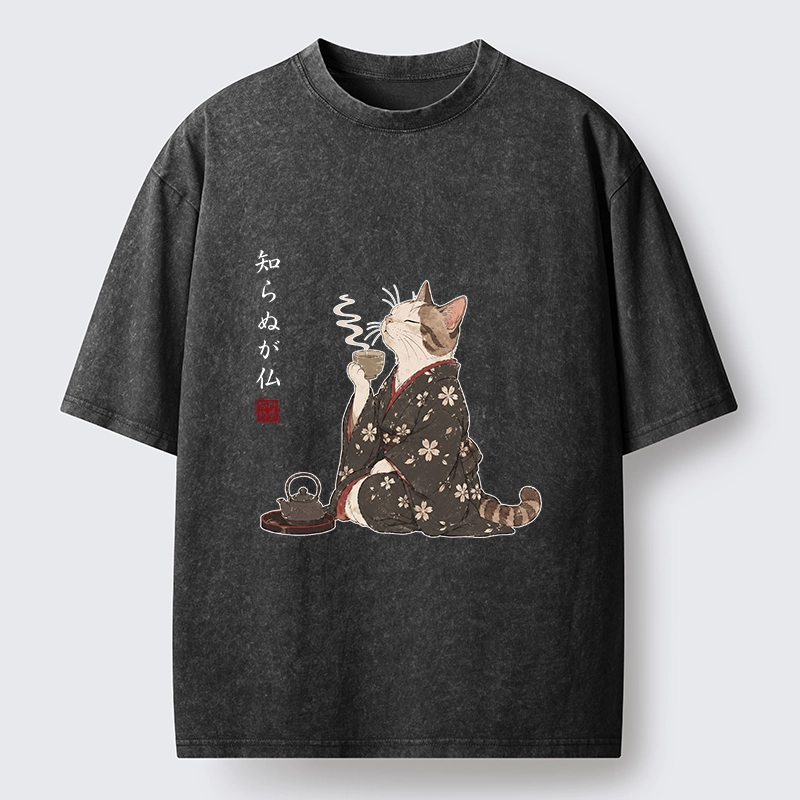 Tokyo-Tiger Zen Cat Drinking Tea In A Kimono Washed T-Shirt
