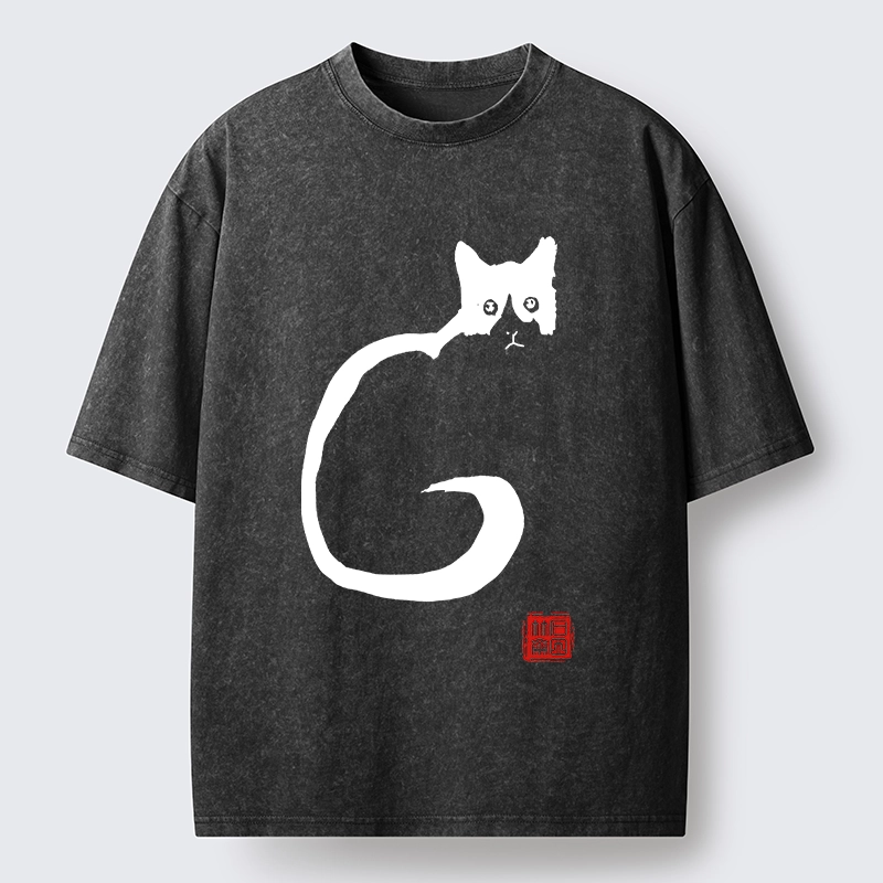 Tokyo-Tiger Calm Cat in Simple Lines Washed T-Shirt