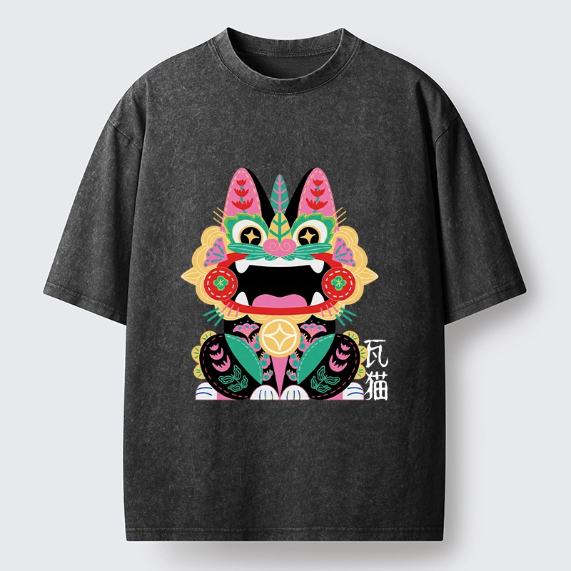 Tokyo-Tiger Colorful Meme Cat With Folk Style Washed T-Shirt