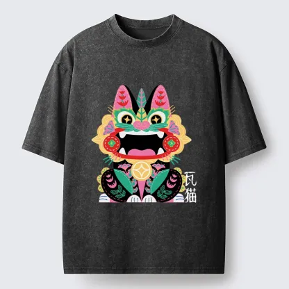 Tokyo-Tiger Colorful Meme Cat With Folk Style Washed T-Shirt