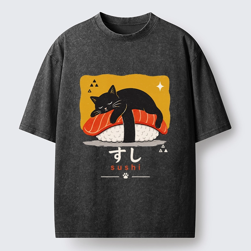 Tokyo-Tiger Black Cat Napping On Salmon Sushi Washed T-Shirt
