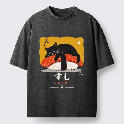Tokyo-Tiger Black Cat Napping On Salmon Sushi Washed T-Shirt