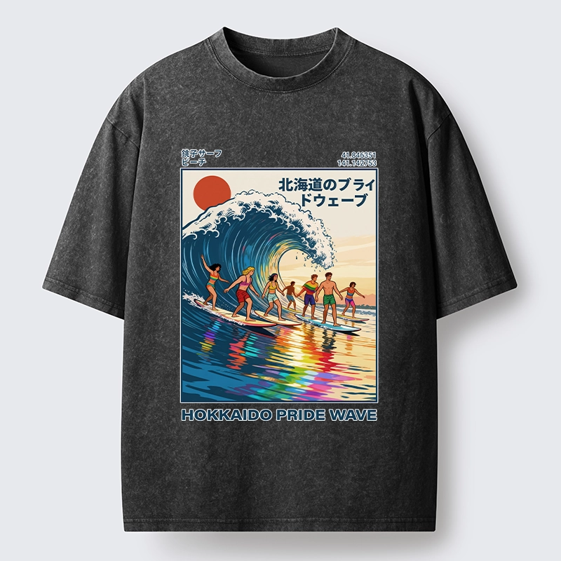Tokyo-Tiger Hokkaido Pride Wave Surfing Fun Washed T-Shirt