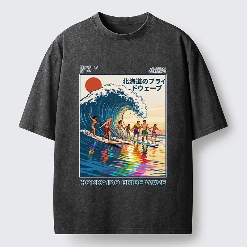 Tokyo-Tiger Hokkaido Pride Wave Surfing Fun Washed T-Shirt