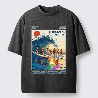 Tokyo-Tiger Hokkaido Pride Wave Surfing Fun Washed T-Shirt