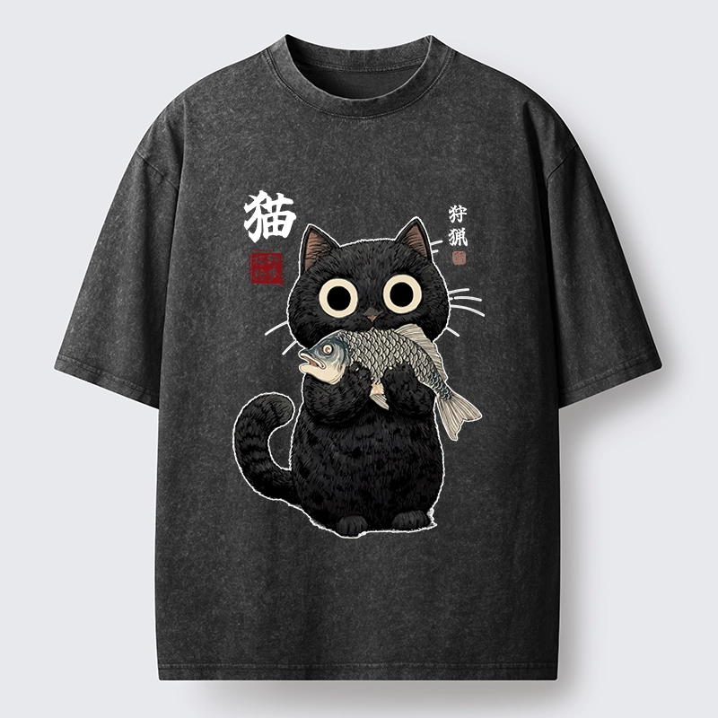 Tokyo-Tiger Black Cat Caught A Big Fish Washed T-Shirt