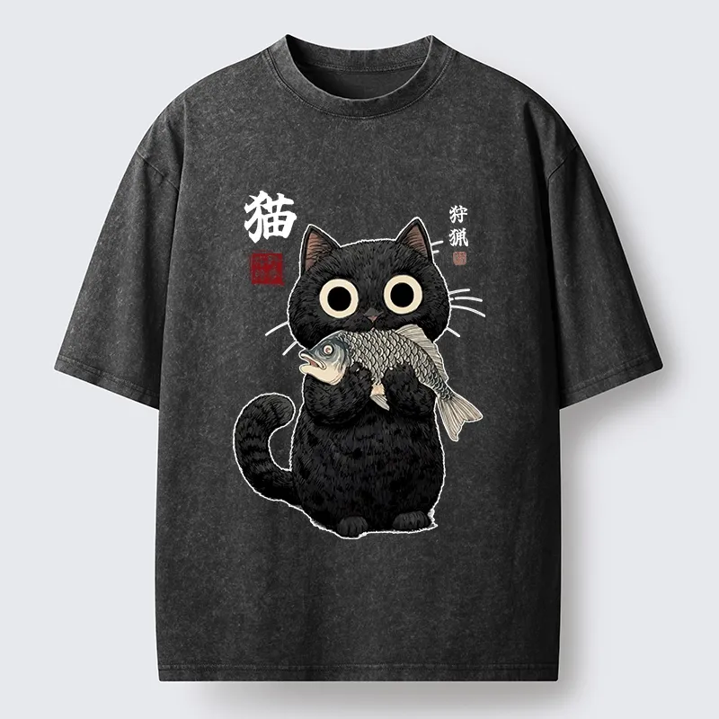 Tokyo-Tiger Black Cat Caught A Big Fish Washed T-Shirt