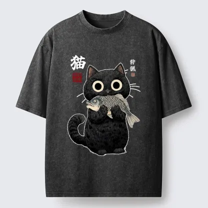 Tokyo-Tiger Black Cat Caught A Big Fish Washed T-Shirt