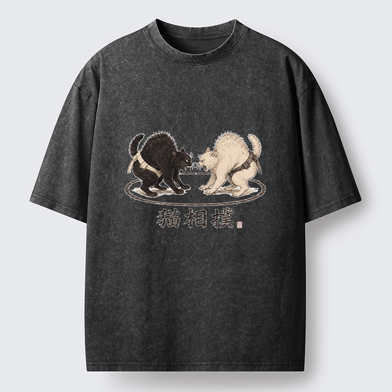 Tokyo-Tiger Cat Sumo Battle Funny Meme Washed T-Shirt