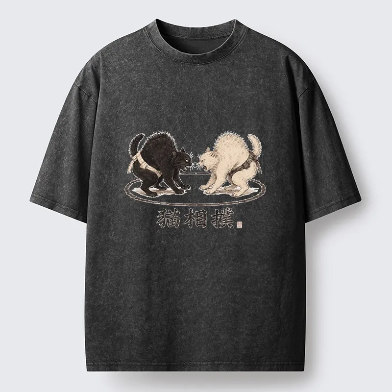 Tokyo-Tiger Cat Sumo Battle Funny Meme Washed T-Shirt