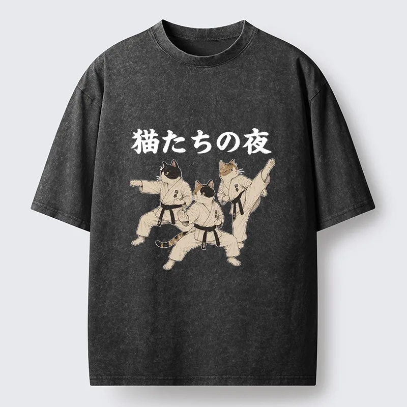 Tokyo-Tiger Funny Karate Cats Black Belt Meme Washed T-Shirt Sale