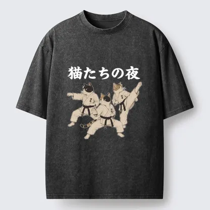 Tokyo-Tiger Funny Karate Cats Black Belt Meme Washed T-Shirt