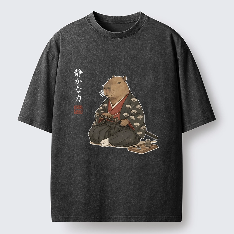 Tokyo-Tiger Calm Samurai Capybara With Katana Meme Washed T-Shirt