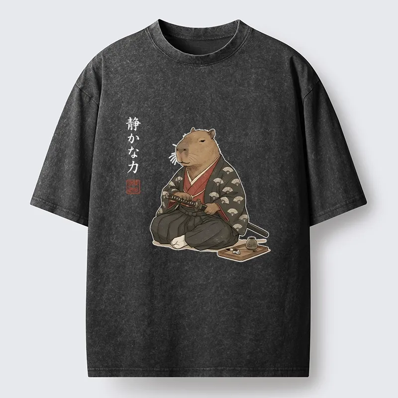 Tokyo-Tiger Calm Samurai Capybara With Katana Meme Washed T-Shirt