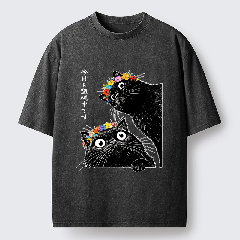 Tokyo-Tiger Flower Crown Black Cat Washed T-Shirt