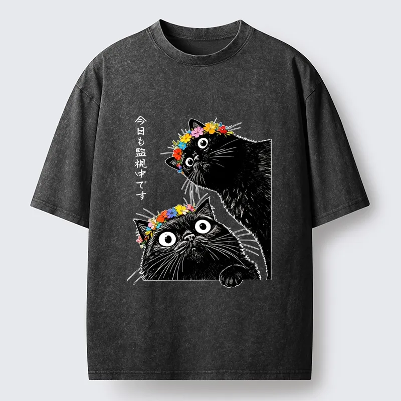 Tokyo-Tiger Flower Crown Black Cat Washed T-Shirt