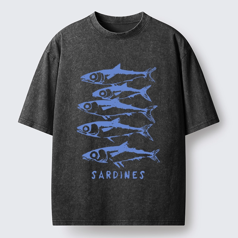 Tokyo-Tiger Blue And White Sardines Linocut Art Washed T-Shirt