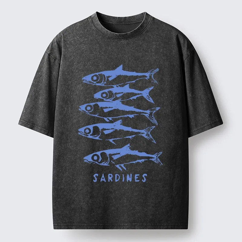 Tokyo-Tiger Blue And White Sardines Linocut Art Washed T-Shirt