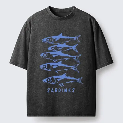Tokyo-Tiger Blue And White Sardines Linocut Art Washed T-Shirt