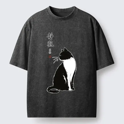 Tokyo-Tiger Calm Black And White Cat Washed T-Shirt