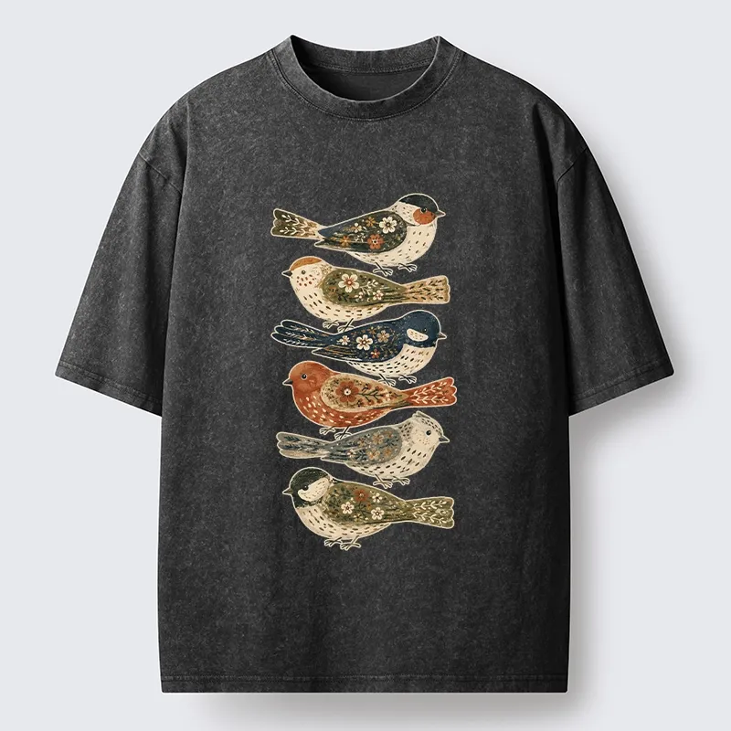 Tokyo-Tiger Colorful Folk Birds In Earthy Tones Washed T-Shirt