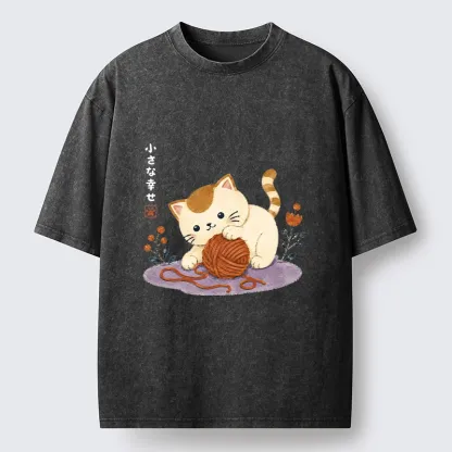 Tokyo-Tiger Cute Watercolor Cat Playing With Yarn Washed T-Shirt