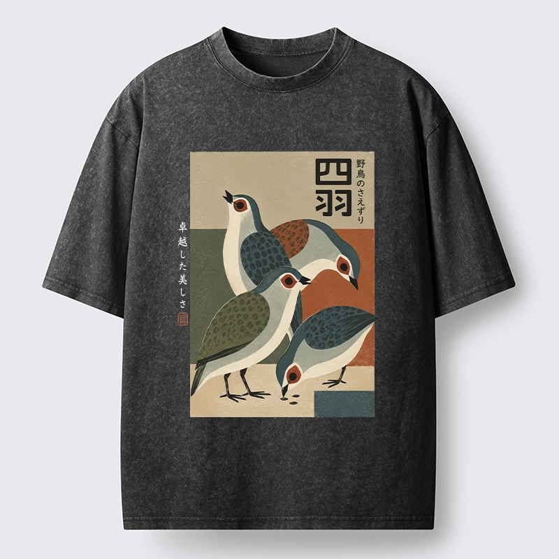 Tokyo-Tiger Four Birds In Vintage Japanese Style Washed T-Shirt