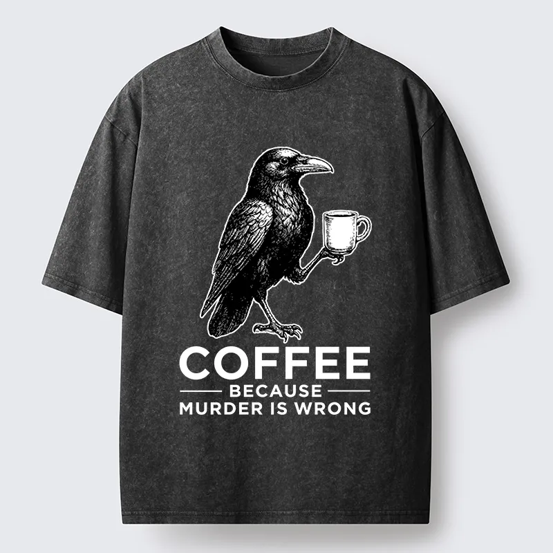 Tokyo-Tiger Raven Holding Coffee Life Mood Washed T-Shirt