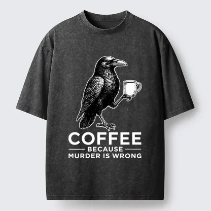 Tokyo-Tiger Raven Holding Coffee Life Mood Washed T-Shirt