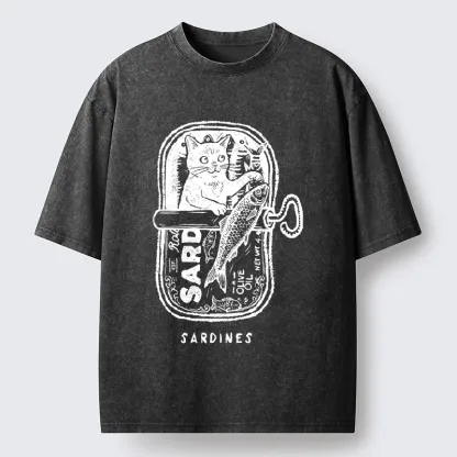 Tokyo-Tiger Black Cat Stuck In A Sardine Can Washed T-Shirt