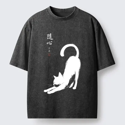 Tokyo-Tiger Zen Ink Wash Cat Stretching Art Washed T-Shirt