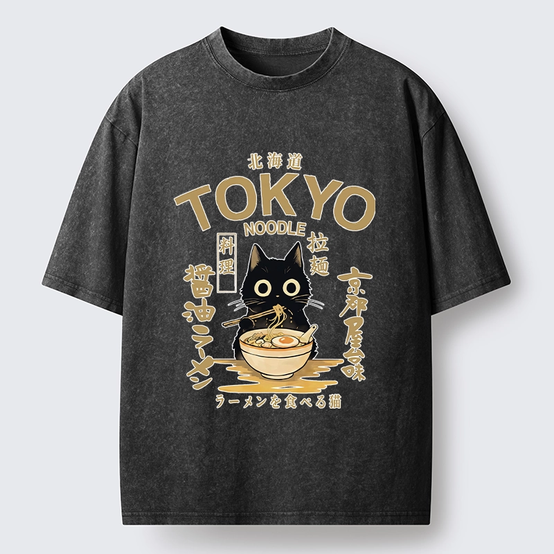 Tokyo-Tiger Black Cat Enjoys Warm Ramen Bowl Washed T-Shirt