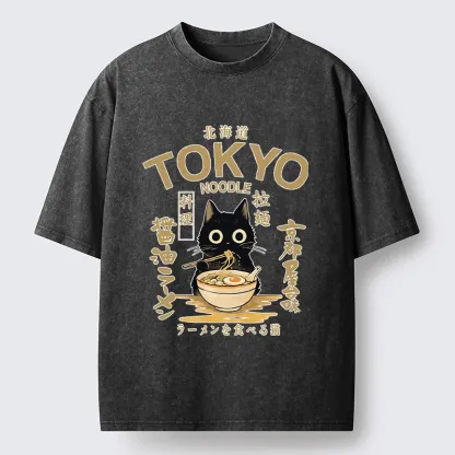 Tokyo-Tiger Black Cat Enjoys Warm Ramen Bowl Washed T-Shirt