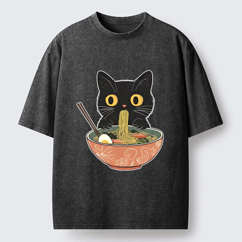 Tokyo-Tiger Black Cat Focused On Ramen Feast Washed T-Shirt