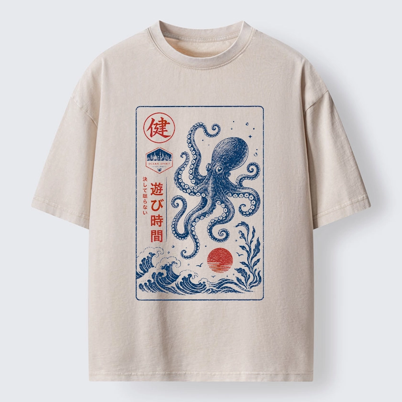 Tokyo-Tiger Octopus Swims In Wild Ocean Waves Washed T-Shirt