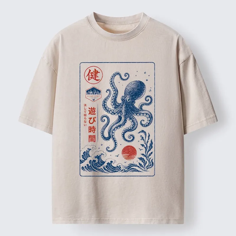 Tokyo-Tiger Octopus Swims In Wild Ocean Waves Washed T-Shirt Sale