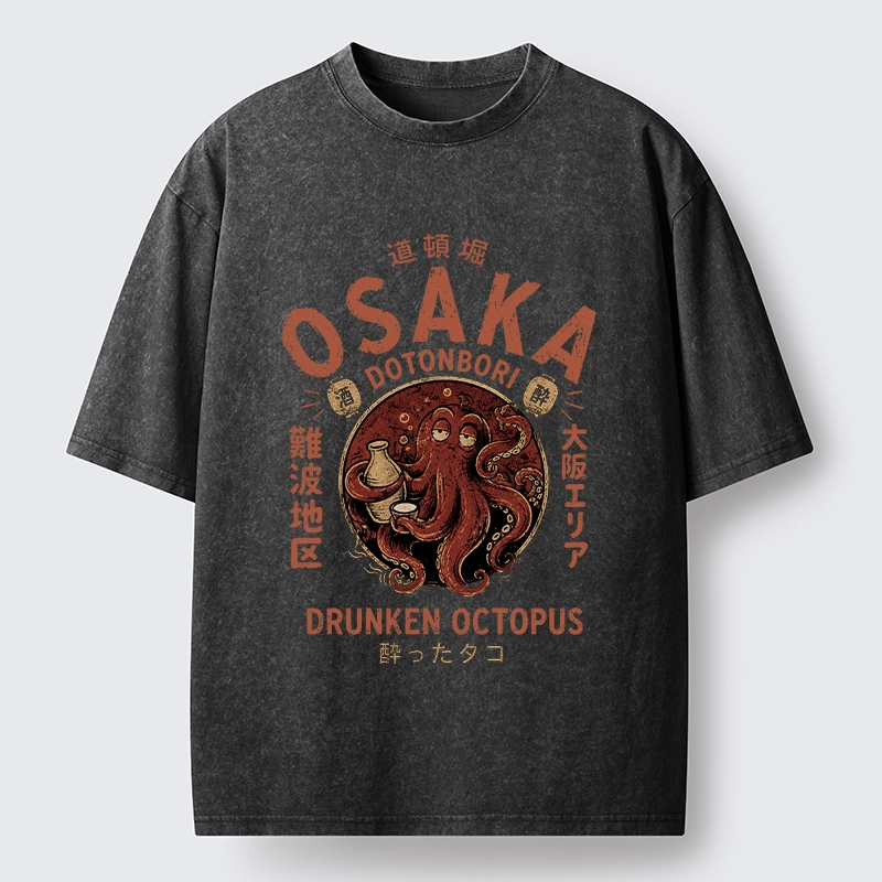Tokyo-Tiger Osaka Artwork Of Wine Drunk Octopus Washed T-Shirt