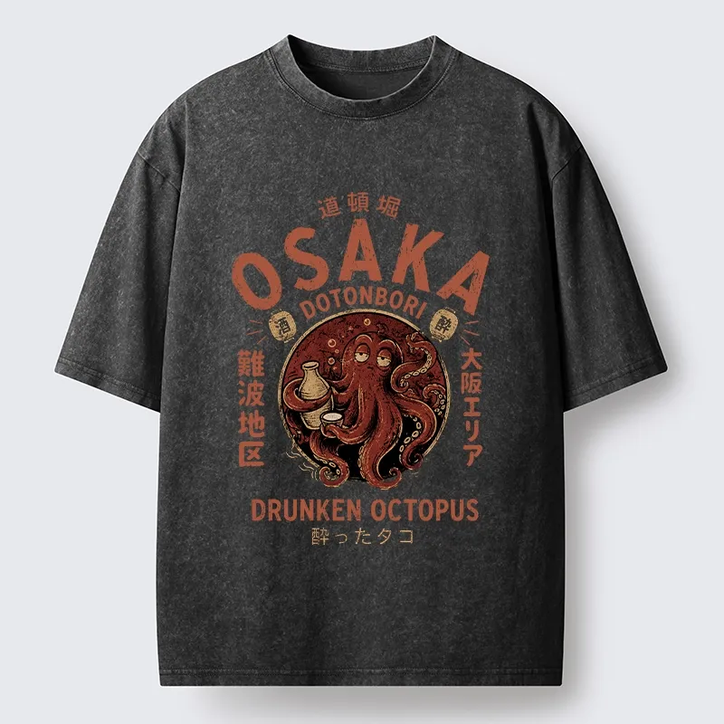 Tokyo-Tiger Osaka Artwork Of Wine Drunk Octopus Washed T-Shirt