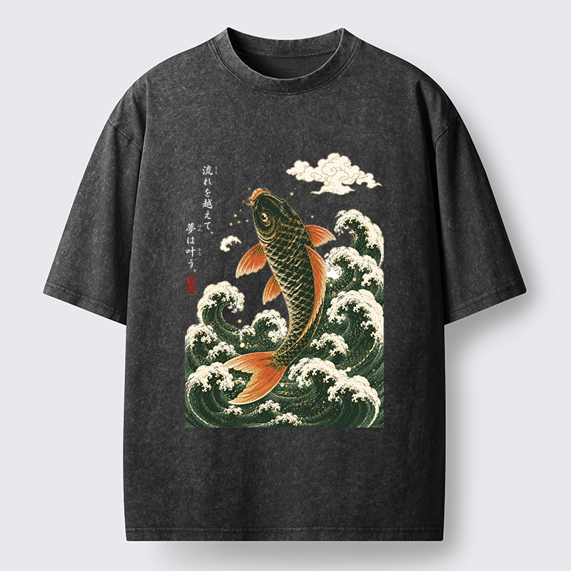 Tokyo-Tiger Japanese Koi Ascends Over Foamy Sea Waves Washed T-Shirt