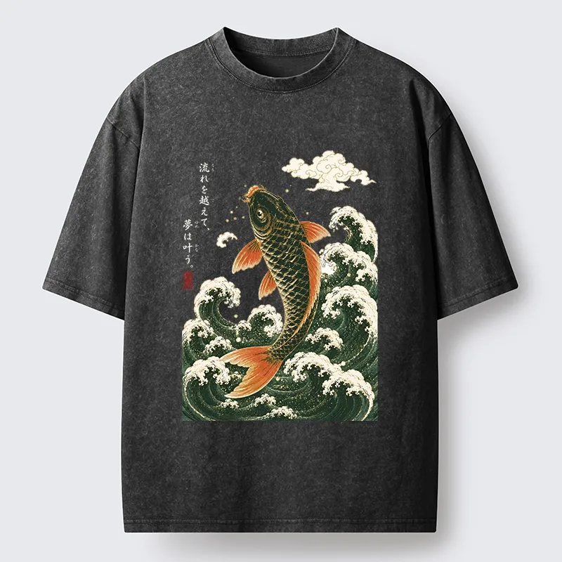 Tokyo-Tiger Japanese Koi Ascends Over Foamy Sea Waves Washed T-Shirt