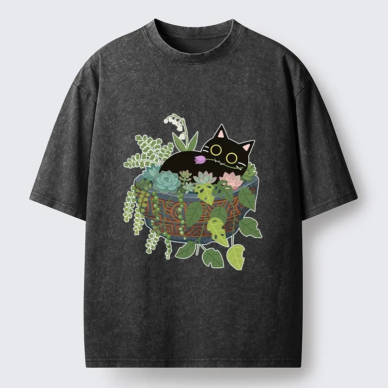 Tokyo-Tiger Cat Relaxing Inside Flower Pot Washed T-Shirt