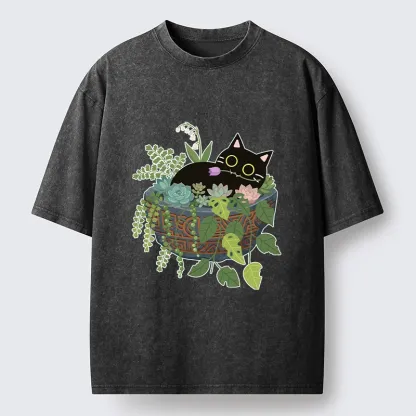 Tokyo-Tiger Cat Relaxing Inside Flower Pot Washed T-Shirt