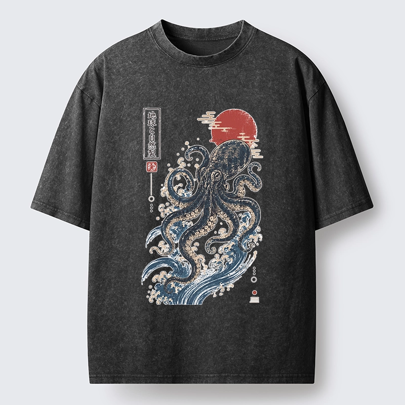 Tokyo-Tiger Traditional Japanese Wave Red Sun Octopus Washed T-Shirt