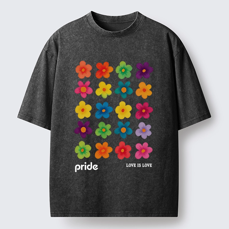 Tokyo-Tiger Colorful Flower Grid For Pride Month Washed T-Shirt