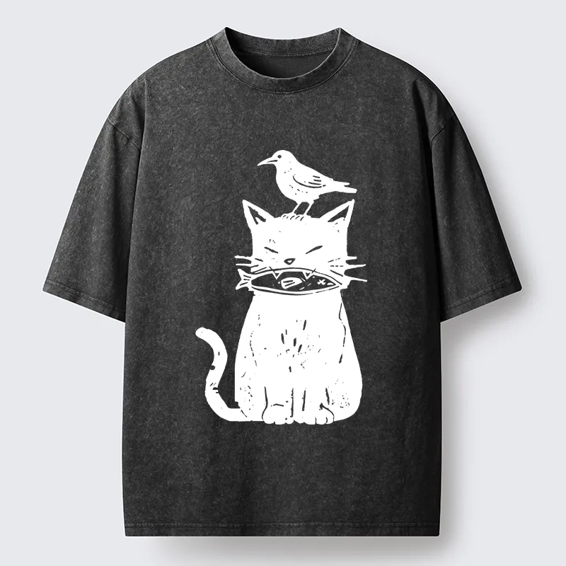 Tokyo-Tiger Black Cat With Fish And Bird Washed T-Shirt