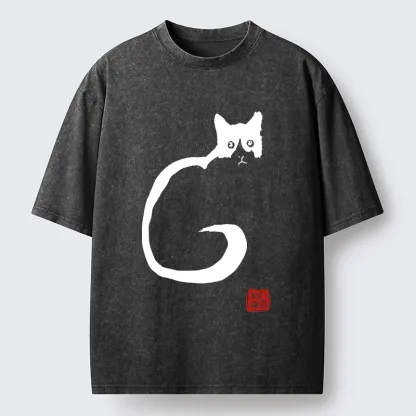 Tokyo-Tiger Calm Cat in Simple Lines Washed T-Shirt
