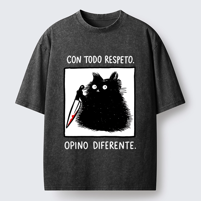 Tokyo-Tiger Black Cat Holds Knife Disagrees Washed T-Shirt